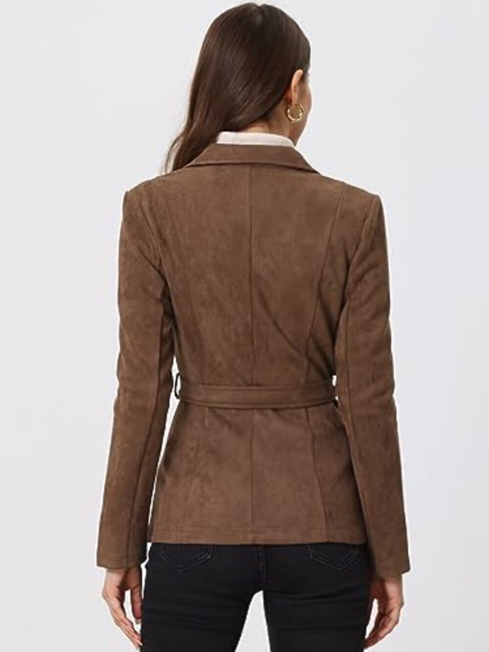 ๐ Women's Faux Suede Blazer Belted Lapel Outwear Single Breasted Work Jacket - Picture 4 of 7